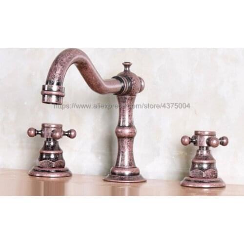 Bathroom Antique Copper Mixer Faucet Two Handles 3 Hole Basin Sink Hot Cold Water Taps Nnf173