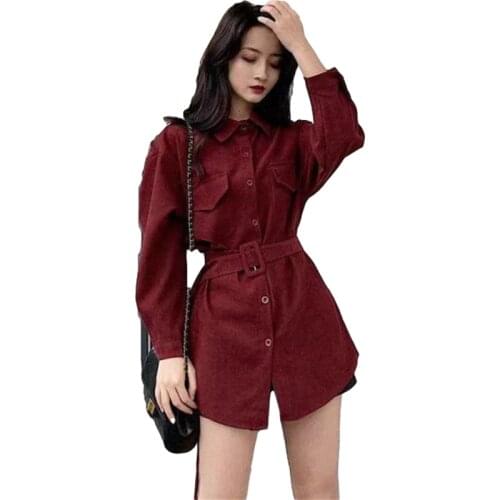 Corduroy Long Sleeve Shirt Dress Women Solid Buttons Pockets Turn-down Collar Simple Elegant Sashes Womens Vintage vestidos