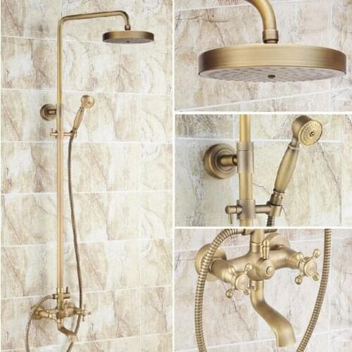 Vintage Retro Antique Brass Dual Cross Handles Bathroom 8 Inch Round Rain Shower Faucet Set Tub Mixer Tap Hand Shower mrs127