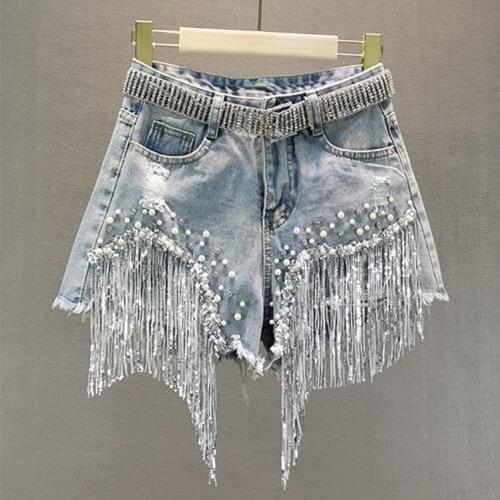 Europe Style 2020 Summer Womens Diamond Beading Sequin Tassel Denim Shorts Jeans Fashion Girls Ladies All-match Trousers A3742