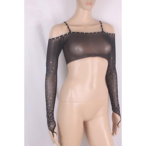 Women Sequin Rhinestone Tulle Mesh Lace Shrug Long Sleeve Sparkly Belly Dance Crop Top Belly Dance Shrug With Diamond