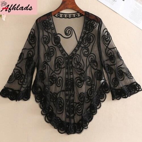 Summer New Beach Holiday Mesh Patchwork Womens Fashion Jackets Coats Female Sexy Half Sleeve Perspective Cardigan Outerwear