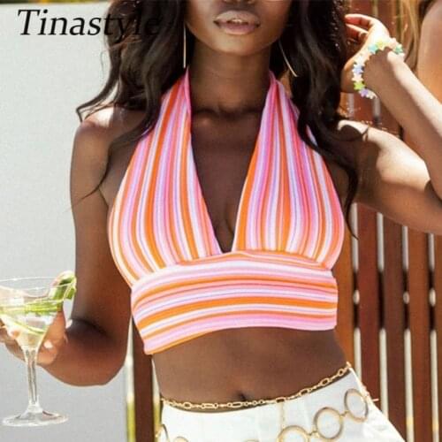 Tinastyle Mulit Knitted V Neck Sexy Crop Top Women Summer 2021 Halter Backless Bandage Short Tank Top Casual Beach y2k Corset