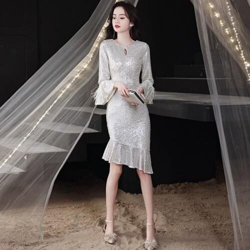 Prom Dress Fashion Simple Pleat Full Sleeves Knee-Length Sequins Mermaid New Zipper Back Plus size Women Formal Party Gown C839