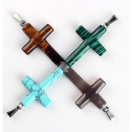 1.6inches Tiger eye Natural grey Malachite Cross Pendants Pendulum Chakra healing Reiki Stone For Neck Jewelry Free pouch
