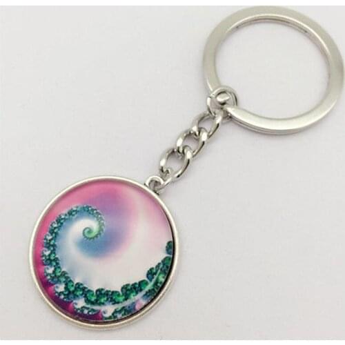1PCS FIBONACCI SPIRAL Cabochon Tibetan silver Glass Chain Pendant Key Ring