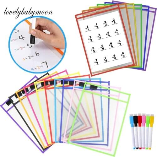 2Set(2Bags2Pens)Reusable File Dry Erase Pockets With Pen Transparent Write And Wipe Drawing Whiteboard Markers Teaching Supplies