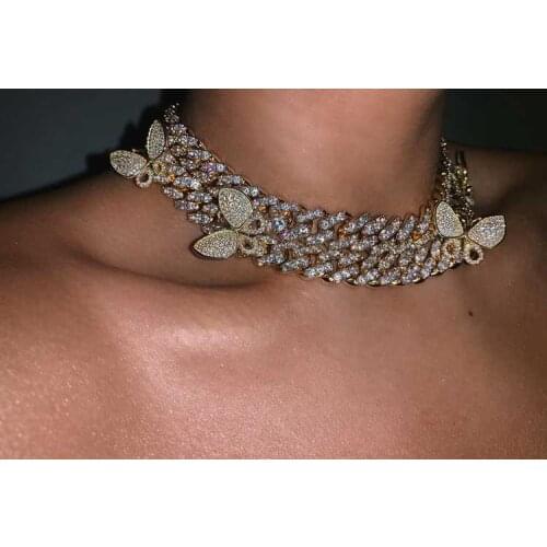 2020 Iced Out Hip Hop Bling Butterflies Choker Necklace Cz Miami Cuban Link Chain Pnk Butterfly For Women Wedding Gift