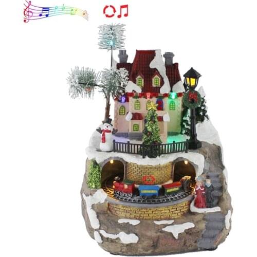 Animated Tabletop Christmas Village Scene Moving Train Musical LED Light Xmas Holiday Home Decoration Kids Toy Gift