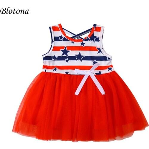Blotona Infant Independence Day Dress Baby Girl Sleeveless Star & Stripe Print Round Neck Bowknot Tulle One-piece dress 1-6Years