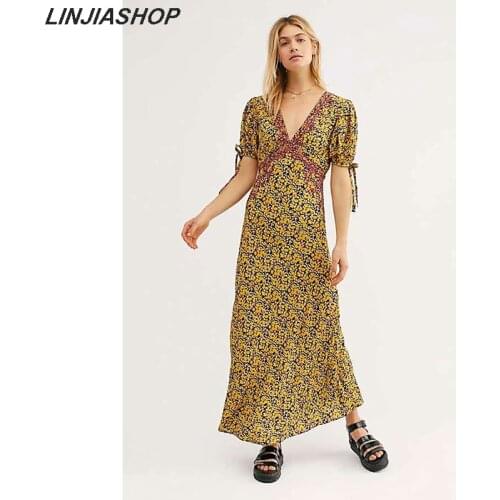 Elegant vintage embroidery yellow print summer dress autumn v neck hollow out short puff sleeve with ties plus size long dress