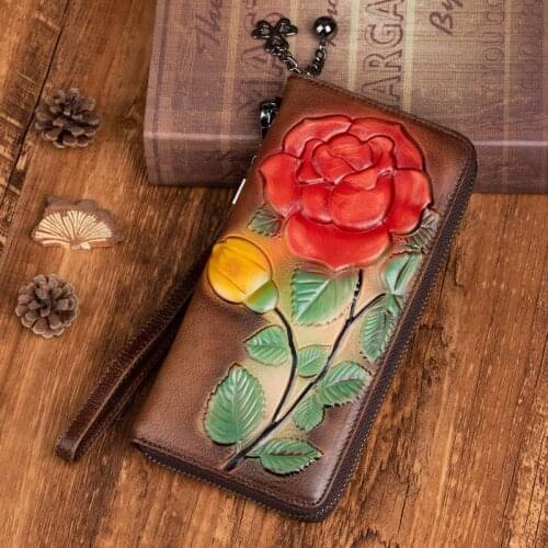Genuine Leather Wallet for Women Wrist Bag Ladies Embossed Floral Long Zipper Retro Designer Real Cowhide Money Purse Clutch bag