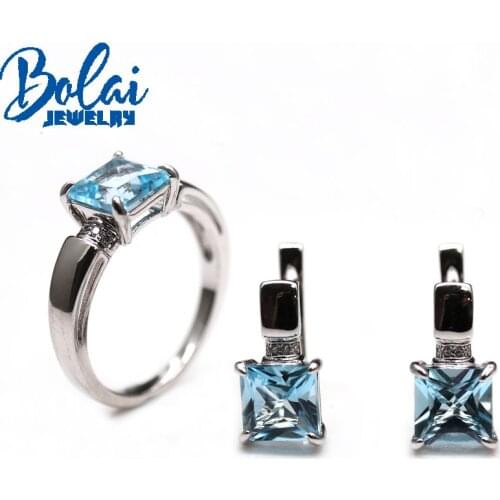925 sterling silver natural sky blue topaz stone square earrings ring set simple and refined womens jewelry for everyday wear