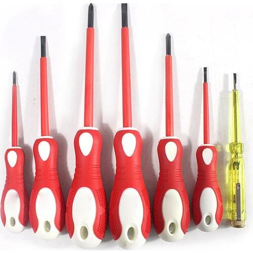 7Pcs VDE Insulated Screwdriver Set 1000V with Magnetic Tip TPR Handle Electrician Soft-Grip Slotted Phillips Pozi with Tester