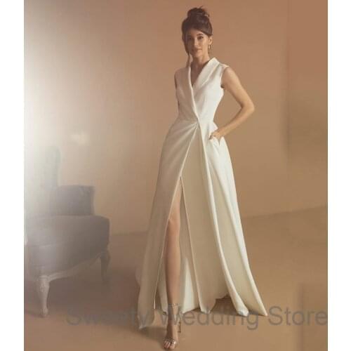 Cheap Wedding Dress Ivory Sleeveless Font Slit Simple A Line Bridal Gowns Draped Womens Wedding Suits Custom Size