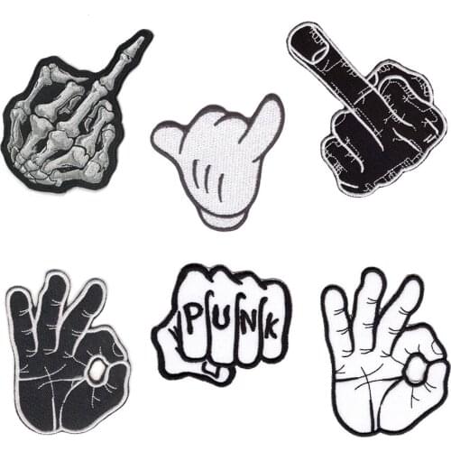 New Skull Skeleton Fingers Patches for Clothes DIY Stripes Iron on Victory Gesture Appliques Clothing Stickers Embroidery Badges