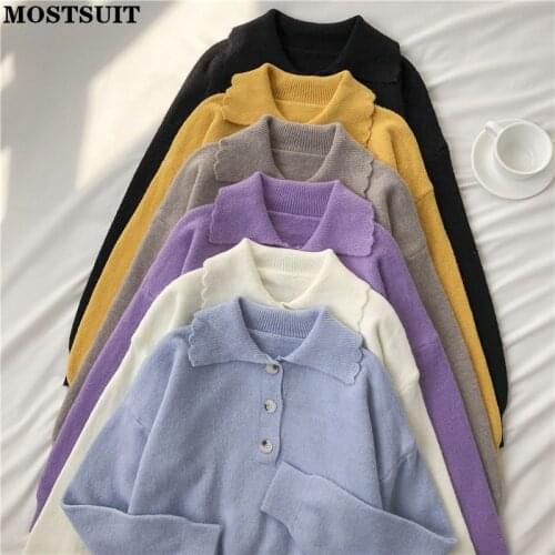 Solid Casual Knitted Crop Tops Sweater Women Autumn Full Sleeve Turn-down Collar Short Pullover Fashion Female Sweet Jumpers