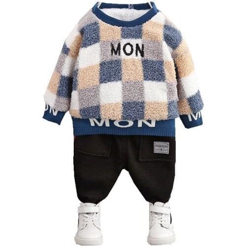 Autumn Winter New Childrens Plush Warm Suit Fashion Baby Boys Girls Lattice T Shirt Pants 2Pcs/sets Toddler Thicken Tracksuit