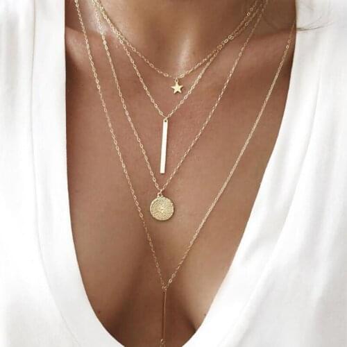 Layered Retro Necklace Wafer Pentagram Geometry Metal Pendant Bohemian Long Chain Necklace Women Vintage Multi Layer Jewelry