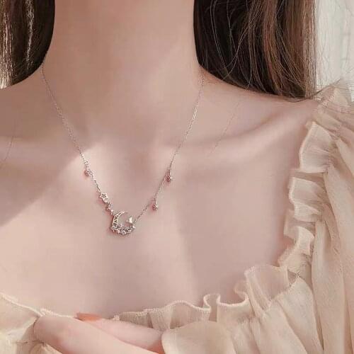Shiny 925 sterling silver Cubic Zircon Moon Pull Necklaces for Women Wedding Jewelry Simple Clavicle Chain Choker Necklace