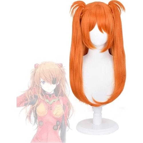 Anime EVA Asuka Langley Soryu Cosplay Wigs Long Orange With 2 Ponytail Clips Heat Resistant Synthetic Hair Wig + Wig Cap