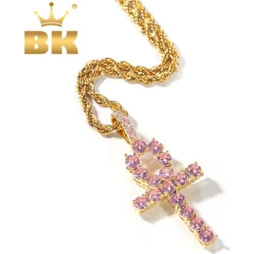 THE BLING KING Ankh Cross Pendant Pink Iced Cubic Zirconia Stones Gold Silver Color Necklace Colored Fashion Hiphop Jewelry