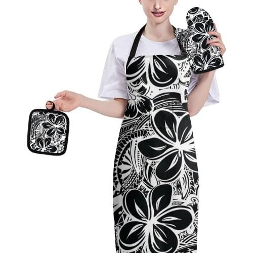 Polynesia Flower Pattern Heat Insulation Padded Oven Gloves Mat Sets with Apron Adjustable Non-slip Grill BBQ Mitts Baking Party