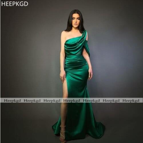 Sexy One Shoulder Emerald Green Mermaid Evening Dress Pleats Side Slit Floor Length 2021 Formal Evening Gowns For Women