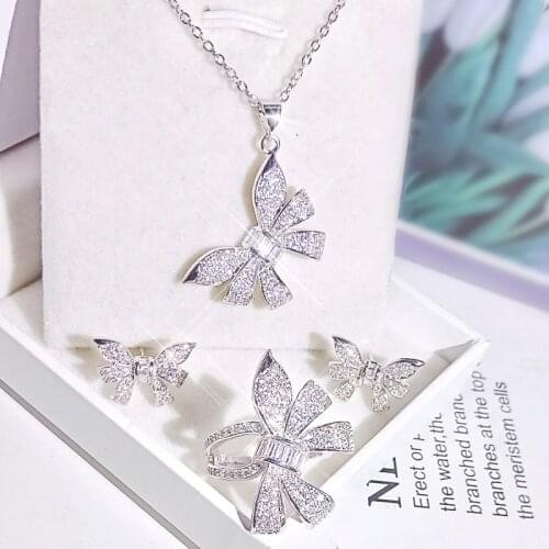 Earrings 2021 Trend 925 Sterling Silver Bowknot Bow Knot Bling Zircon Stone Necklace Jewelry Set for Women Ring Fashion Jewelry