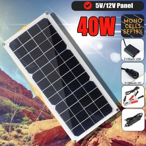 40W Solar Panel 12V Monocrystalline USB Power Portable Outdoor Solar Cell Car Ship Camping Hiking Travel Phone Charger