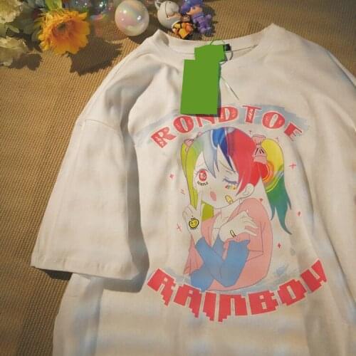 Anime Streetwear crop tops womens T-shirt ulzzang Harajuku vintage RONDTOE print T-shirt summer Oversize loose casual women y2k