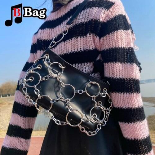 Gothic Women leather PU Shoulder Bag Metal ring chain Pendant underarm Bags hot girl Handbag Tote Cloth Purse For Ladies