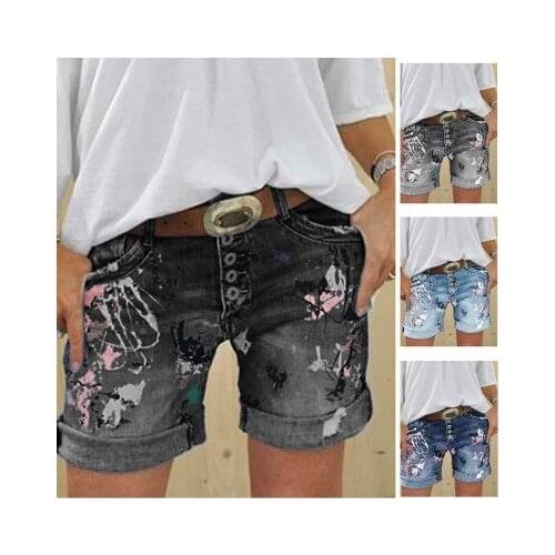 Women Summer Denim Shorts Washed Fashion Printing Jeans Shorts Plus Size Slim Short