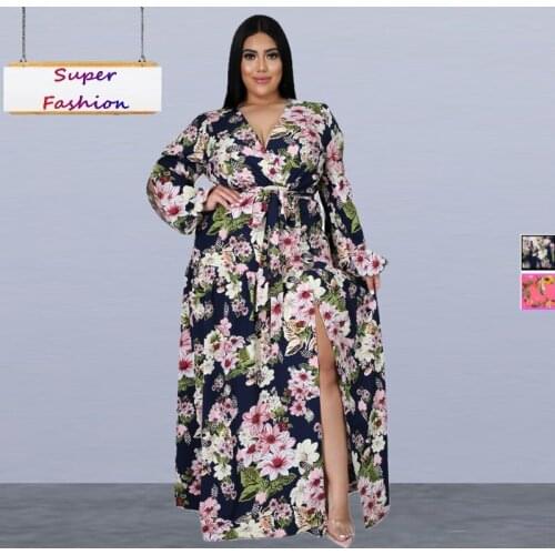 L-4XL large plus size dresses for women clothing autumn print long sleeve V neck slit elegant long dress Wholesale Dropshipping