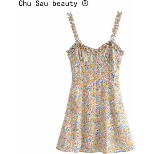 New Fashion Casual Summer Chic Floral Printed Sling Mini Dress Women Streetwear Style Ruffles Chiffon Dresses Female