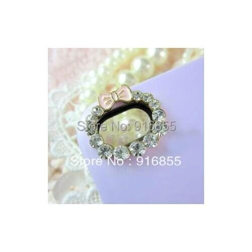 Free shipping 12pcs/lot cellphone pink bow lens stickers rhinestone DIY Mobile beauty,Earrings Accessories,,Alloy Fitting