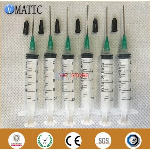 Free Shipping Non Sterilized 6Pcs Liquid Glue Dispenser 10ml/cc Plastic Syringes + 14 Gauge 1'' Tube Length Needle + Stopper/Cap