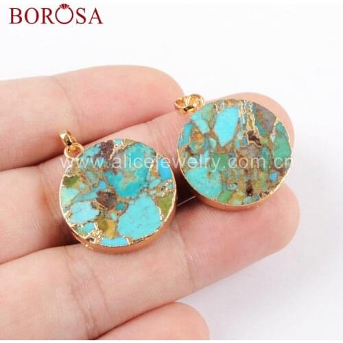 BOROSA 5PCS Wholesale Round Copper Turquoises Pendant Gold Color Turquoises Pendant Beads for Necklace Jewelry G1686