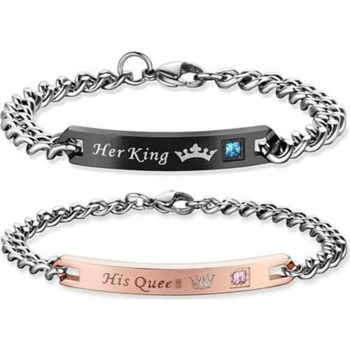 2pcs/set His Queen Her King Black Rose Gold Color Womens Male Chain Crystal Couple Bracelet for Men snap jewelry bracelet femme