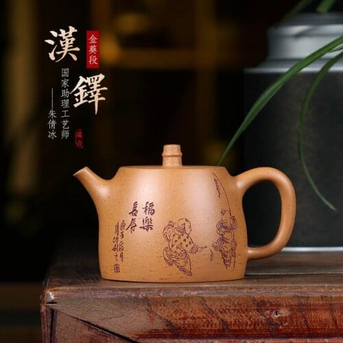 Pure manual yixing area famous carving painting single pot teapot countries Zhu Qianbing Jin Kui Duan Handuo pot