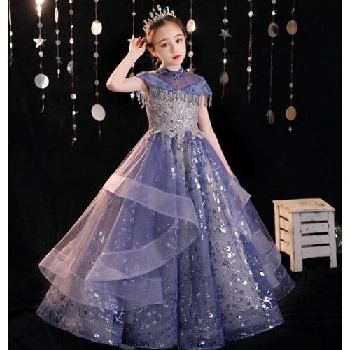 Children Mesh Sequins Stitching Flower Girls Evening Gown Kids Catwalk Birthday Party Princess Dress For Girls Vestidos L837