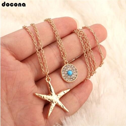 Docona Beach Bohemia Long Gold color Chain Sea Star Starfish Crystal Pendant Necklace for Women Charm Choker Jewelry A35405