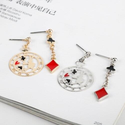Dongsheng Asymmetry Earrings Alice Wonderland Tale Rabbit Clock Party Cartoon Earrings Stud Earrings for Women Girl