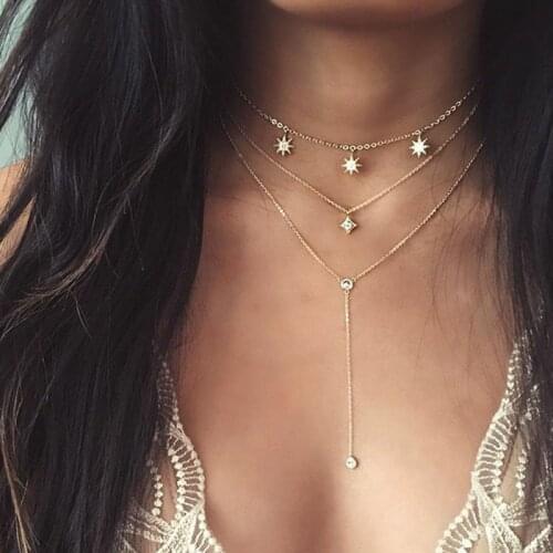 European Fashion Multilayer Rhombus Rhinestone Star Pendant Necklace Women Simple Gold Chains Long Necklace Jewelry Kolye YN145