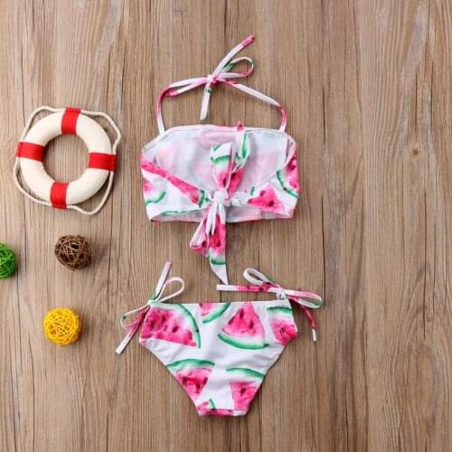 2PCS Kids Girl Summer Halter Watermelon Printed Swimwear Swimsuit Little Girl Ruffle Top Briefs Beachwear Bathing Swimming Suit