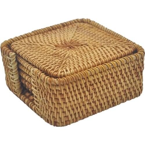 Square Rattan Coasters,Cup Base Plates & Dishes Insulated Hot Pads Pot Holder,Living & Dining Room Kitchen Accessories