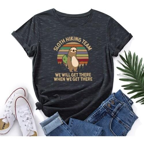 Sloth Hiking Team Printed T-shirts Women Summer Cotton Graphic Tees Loose Aesthetic Clothes Anime Round Neck Tops for Women 2021