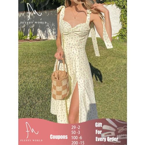 Summer Women Boho Floral Print Dress Spaghetti Strap Party Dress Sexy Long Split Dresses Elegant Female Holiday Sweet Sundress