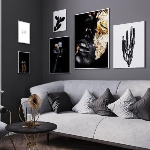 Gold Fashion Black Skin Woman Portrait Canvas Painting Cactus Landscape Posters and Prints Cuadros Wall Pictures for Living Room