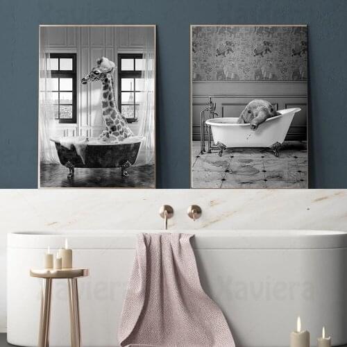 Nordic Vintage Canvas Painting Giraffe and Elephant Wall Art Posters Animals In Bathtub Pictures Home Decoration Bathroom Toilet